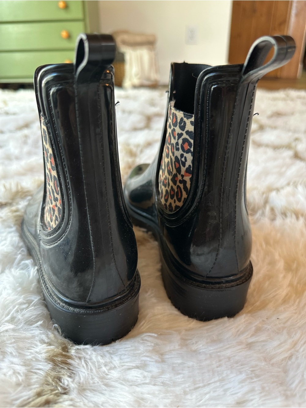 Women’s Black Rain Chelsea Boots with Leopard Elastic Panels - Picture 3 of 8